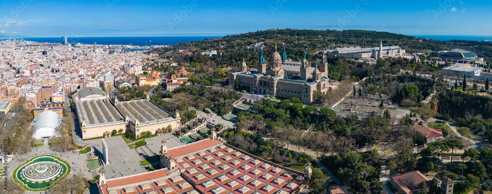  Aerial view around the royal palace in Barcelona on a sunny day in early spring.