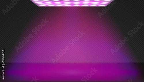 Led red and blue spectrum square phytolamp for indoor plant growing above countertop or sill. Pink uv light. Modern agro equipment for illumination in commercial greenhouse or home gardening
