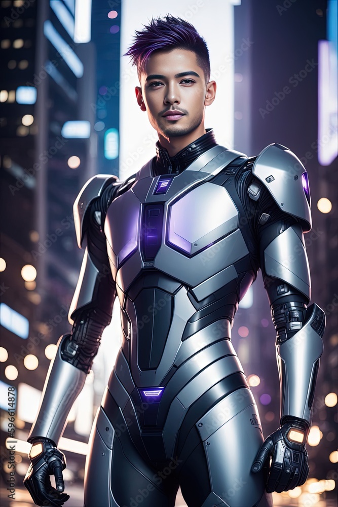 Man in powerful steel cyber futuristic armor body suit standing in front of futuristic city. Generative AI