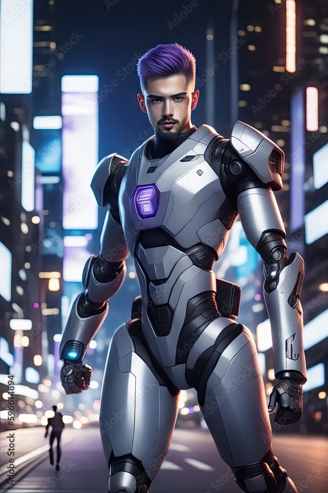 Man in powerful steel cyber futuristic armor body suit standing in front of futuristic city. Generative AI Man in powerful steel cyber futuristic armor body suit standing in front of futuristic city. Generative AI