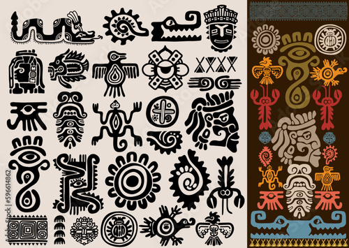 Mexican gods symbols. Set of aztec animal bird totem idols, ancient inca Maya civilization primitive traditional signs. Vector collection Mexican colors. Indigenous culture symbols and mythic rituals. photo