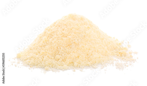 Heap of tasty grated Parmesan cheese on white background, closeup