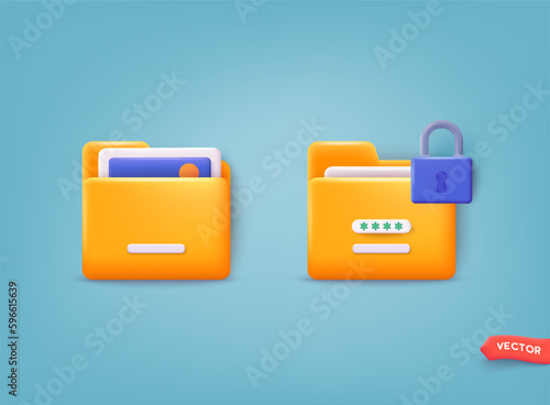 Digital file organization service or app with data transfering. 3D Web Vector Illustrations.