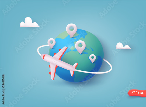 Around the world travelling by plane, airplane trip in various country, travel pin location on a global map. 3D Web Vector Illustrations.