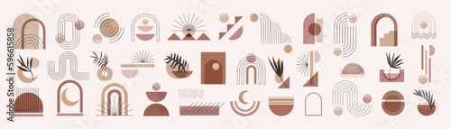 Hand drawn abstract minimal element mid century vector set. Aesthetic contemporary stripe line art, watercolor geometric shapes in earth tone. Art form design for wall art, decoration, wallpaper.