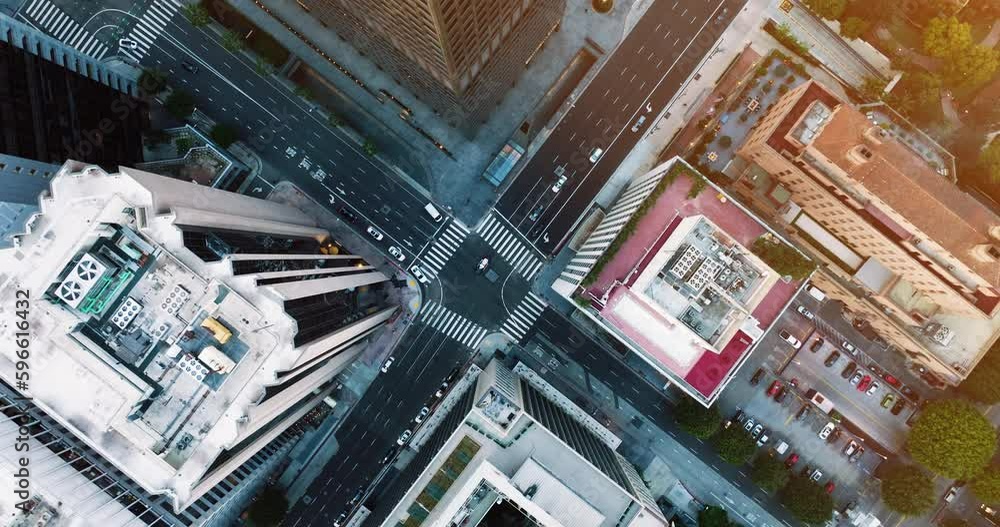 Downtown Los Angeles drone shot. Aerial of downtown Los Angeles in dawn, sunset in California, skyscrapers and office buildings. Downtown Los Angeles drone shot. Aerial of downtown Los Angeles in dawn, sunset in California, skyscrapers and office buildings.