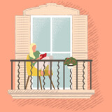 Woman reading book on home balcony vector