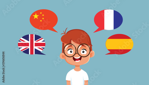 Multilingual Child Speaking English, Chinese, French and Spanish Vector Cartoon. Polyglot student learning various foreign languages with fluency 

