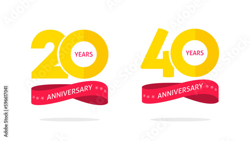 20 40 years anniversary badge jubilee birthday party label icon vector logo graphic, 20th and 40th celebration emblem set illustration golden yellow red image clipart