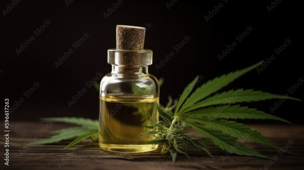 cannabis oil in a jar on a field background. Generative AI cannabis oil in a jar on a field background. Generative AI