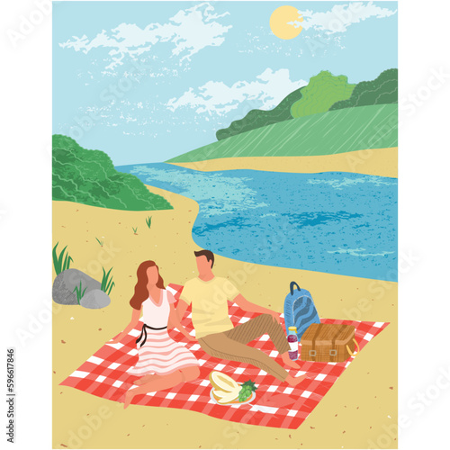 Couple summer picnic on river bank vector cartoon