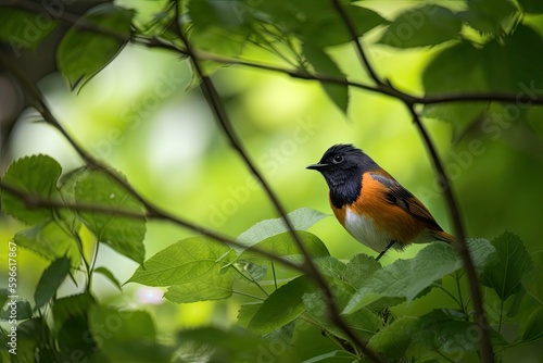 male redstart flycatching among lush green foliage, created with generative ai photo