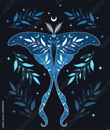 Vector illustration with moth and crescent. Boho art print. Modern poster.