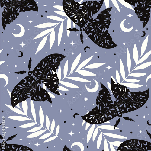 Elegant celestial seamless pattern with herbs. Boho magic background with gray space elements stars, butterflies. Vector doodle texture.