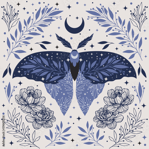 Magical blue luna butterfly bloomy starry space and herbs bohemian graphics print. Spiritual Boho folk art vintage celestial design