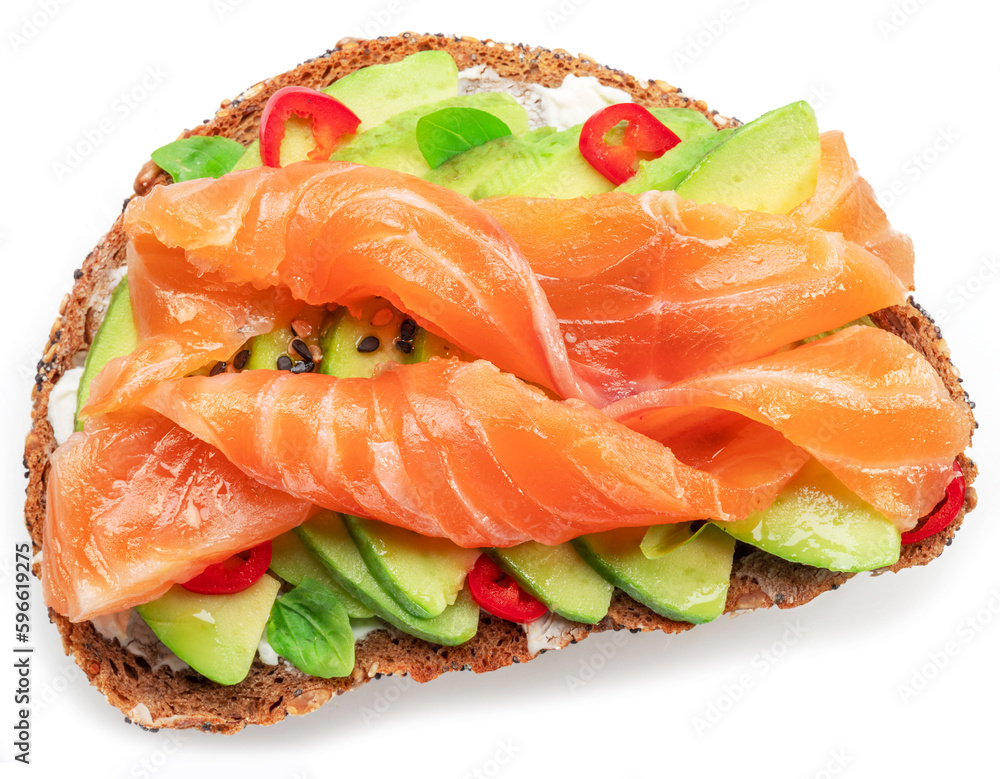 Salmon toasts with avocado isolated on white background. Top view.
