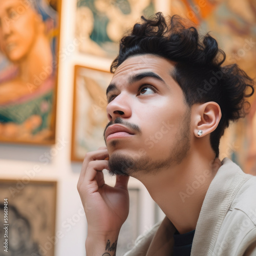 A close-up portrait of a young Hispanic male artist appreciating paintings in an art museum 