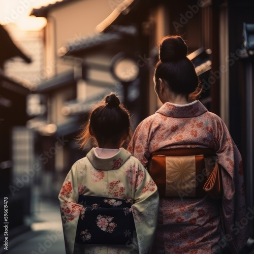 A portrait of a Japanese mother and daughter wearing kimono walking down a street between traditional Japanese buildings at sunset
