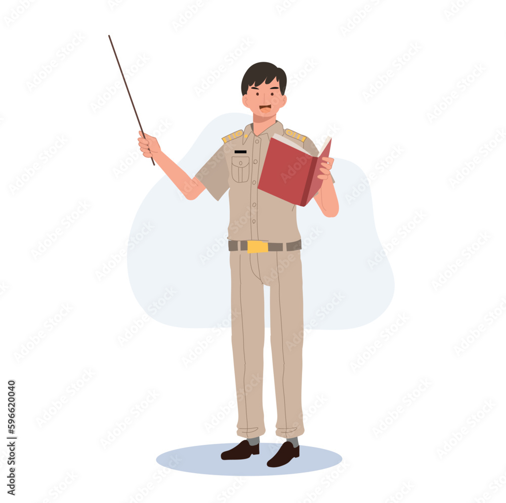 male Thai government officers in uniform. Thai man teacherholding pointer stick , explaining knowledge from book. cartoon character, Flat Vector illustration male Thai government officers in uniform. Thai man teacherholding pointer stick , explaining knowledge from book. cartoon character, Flat Vector illustration