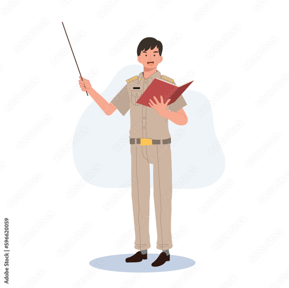 male Thai government officers in uniform. Thai man teacherholding pointer stick , explaining knowledge from book. cartoon character, Flat Vector illustration male Thai government officers in uniform. Thai man teacherholding pointer stick , explaining knowledge from book. cartoon character, Flat Vector illustration