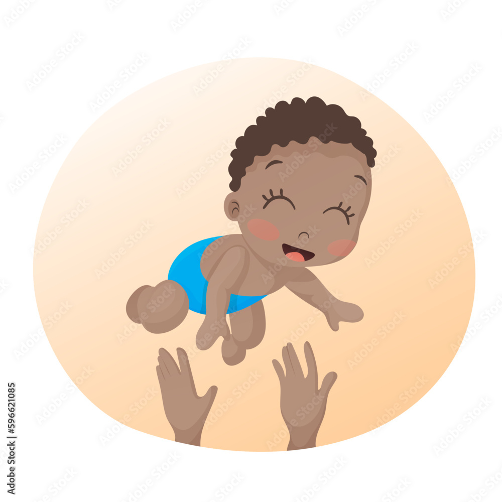 Cute black baby boy. Happy child. Vector illustration isolated on white background. Baby shower welcome greeting card.	
