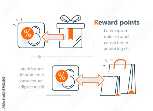 Reward points, earn gift, loyalty concept, incentive program, redeem gift, present box, collect bonus, shopping bags