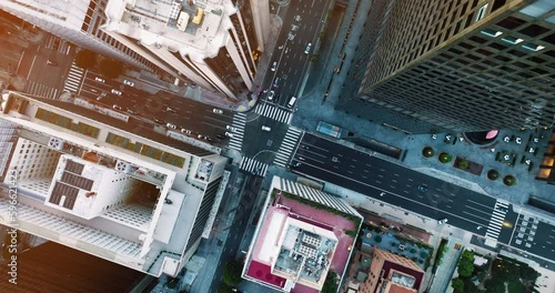 Downtown Los Angeles drone shot. Aerial of downtown Los Angeles in dawn, sunset in California, skyscrapers and office buildings.  photo