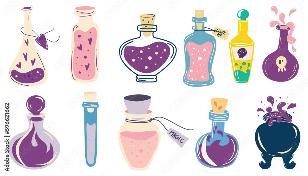 Magic potions set. Magic shop, witchcraft accessories. Game props. Cartoon vector illustration of different shape glass jars, magic elixir. Alchemy design element. Esoteric mystic. Magic potions set. Magic shop, witchcraft accessories. Game props. Cartoon vector illustration of different shape glass jars, magic elixir. Alchemy design element. Esoteric mystic.