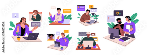 Customer support service set. Operators in headsets work online at call center, help desk, hotline. Employees in headphones at helpdesks. Flat vector illustrations isolated on white background