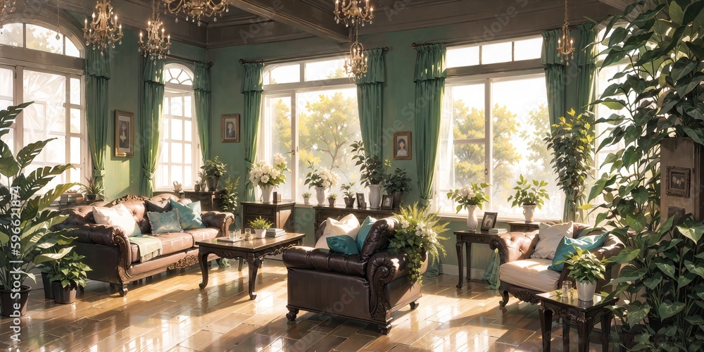 Fototapeta premium anime style background, apartment, home, living room, victorian jungle room, generative ai, generative, ai