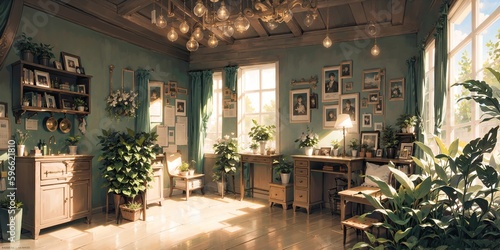 anime style background, apartment, home, living room, victorian jungle room, generative ai, generative, ai photo