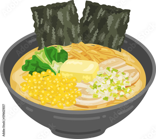 海苔をトッピングした、バターをのせた、味噌ラーメンのイラスト