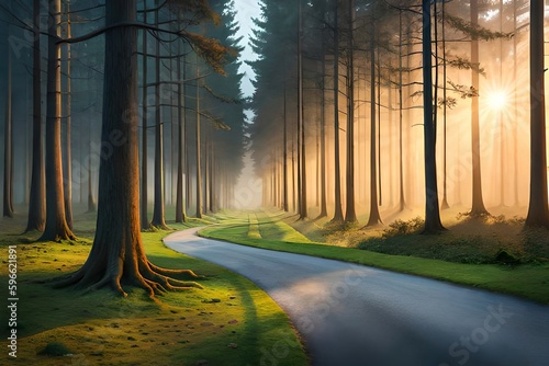 morning in the forest, tall pine trees and road, generative ai