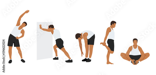 Basic RGBWorkout man set. Man doing fitness exercises. Warm up before gym. Full body workout. Warming up, stretching
