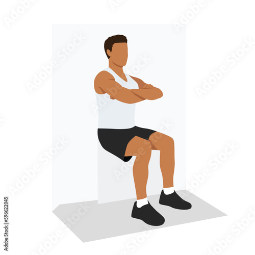 Man doing wall sit exercise. Flat vector
