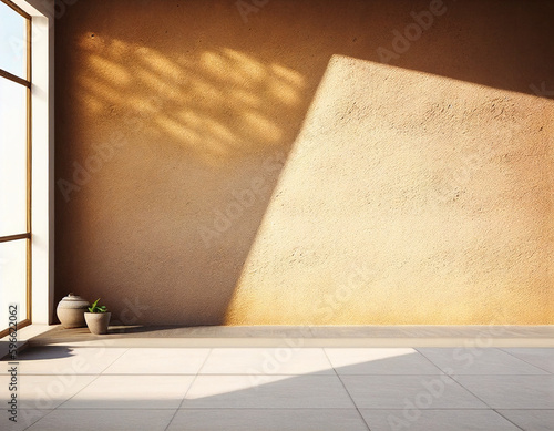 Moderner, leerer Raum, mit pastelbrauner Wand und Boden, Licht und Schatten photo