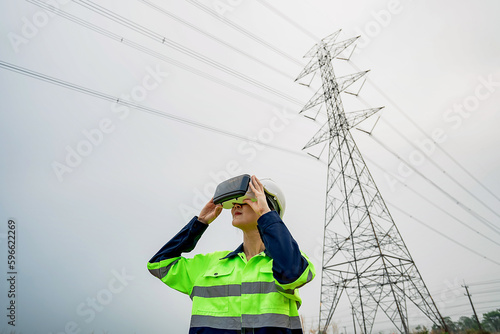 Fototapeta Asian female electrical engineer working inspecting power station near high voltage pylons with VR glasses