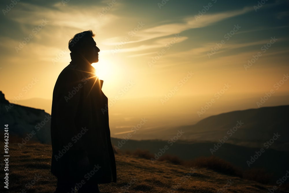 Silhouettes of man with his sun, enjoying life, sunlight in background, generative ai