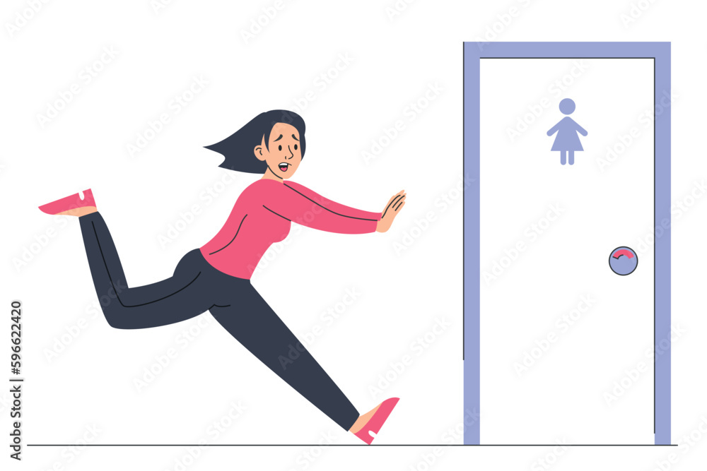 Woman with diarrhea running to the toilet door vector isolated. Female
