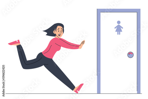 Woman with diarrhea running to the toilet door vector isolated. Female character wants to pee. WC door. Girl with full bladder photo