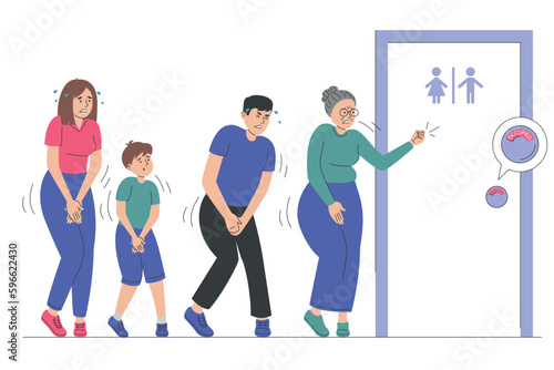 People standing in queue to the closed toilet door vector isolated. Occupied bathroom. Group of people need to pee, waiting in line.