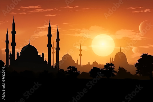 silhouette mosque with sunset light with copy space, generative ai