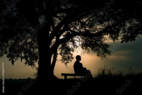 Silhouettes of young man seating on the chair, near tree, copy empty space, generative ai