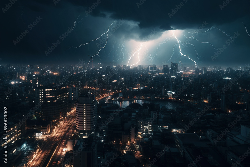 storm & lightnings over Tokyo,  Japan - generative AI, Generative AI - obrazy, fototapety, plakaty 