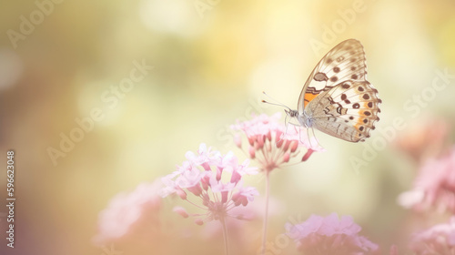 Macro view of a butterfly on pink flowers with blurred background. Generative AI © Farnaces