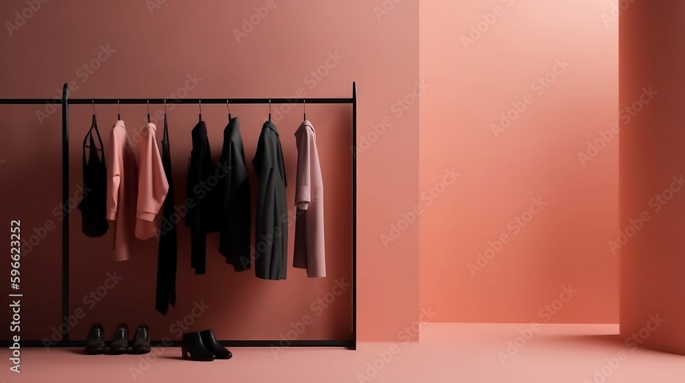 Fashion background with clothes, no people. Clothes hanging on a hanger in a fashion boutique. Minimalism, style, fashion. Background for websites. Generative AI.