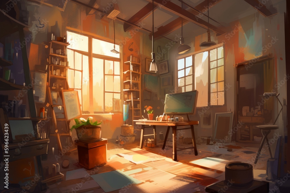 Artist workshop interior sunset. Generate Ai Artist workshop interior sunset. Generate Ai