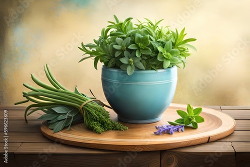 fresh green herbs in a mortar, generative ai