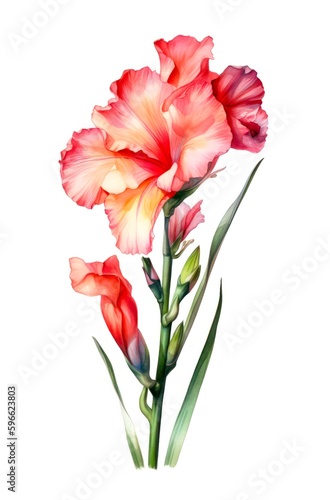 Pink gladiolus flower isolated on white background, watercolor illustration. Generative AI.