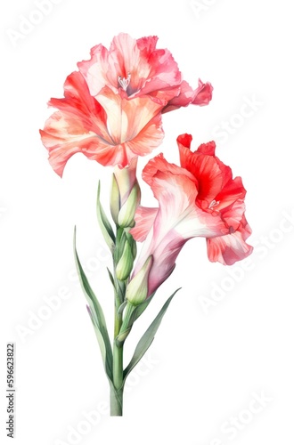 Pink gladiolus flower isolated on white background  watercolor illustration. Generative AI.